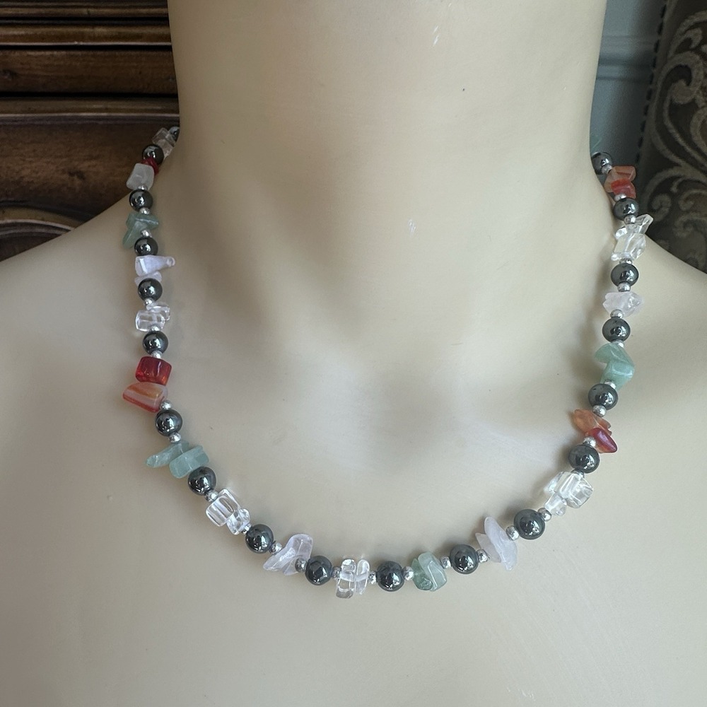 Vintage Natural Gem Stone Statement Accent Necklace 17 Inch Spacer Hematite Bead